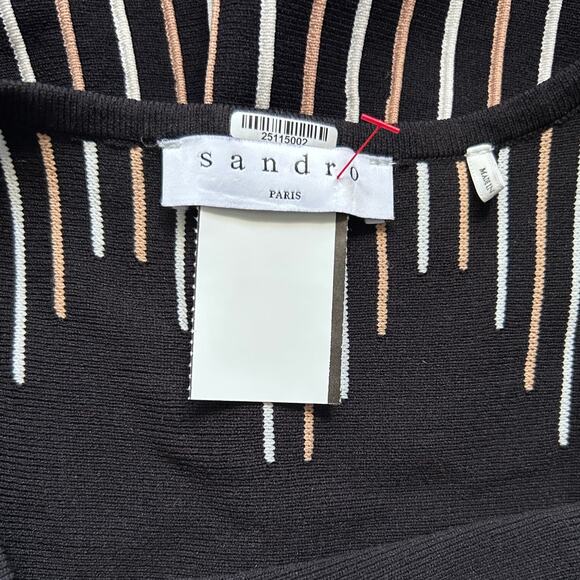SANDRO Paris Sleeveless StretchKnit Geometric Stripe Fit Flare Black Dress-T1/XS - Picture 7 of 8